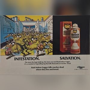 1980 RAID Fogger FAMOUS BUG ILLUSTRATION Kills Roaches Dead Where They Live AD